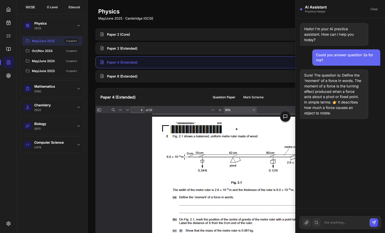 AI assistant helping with a past paper question