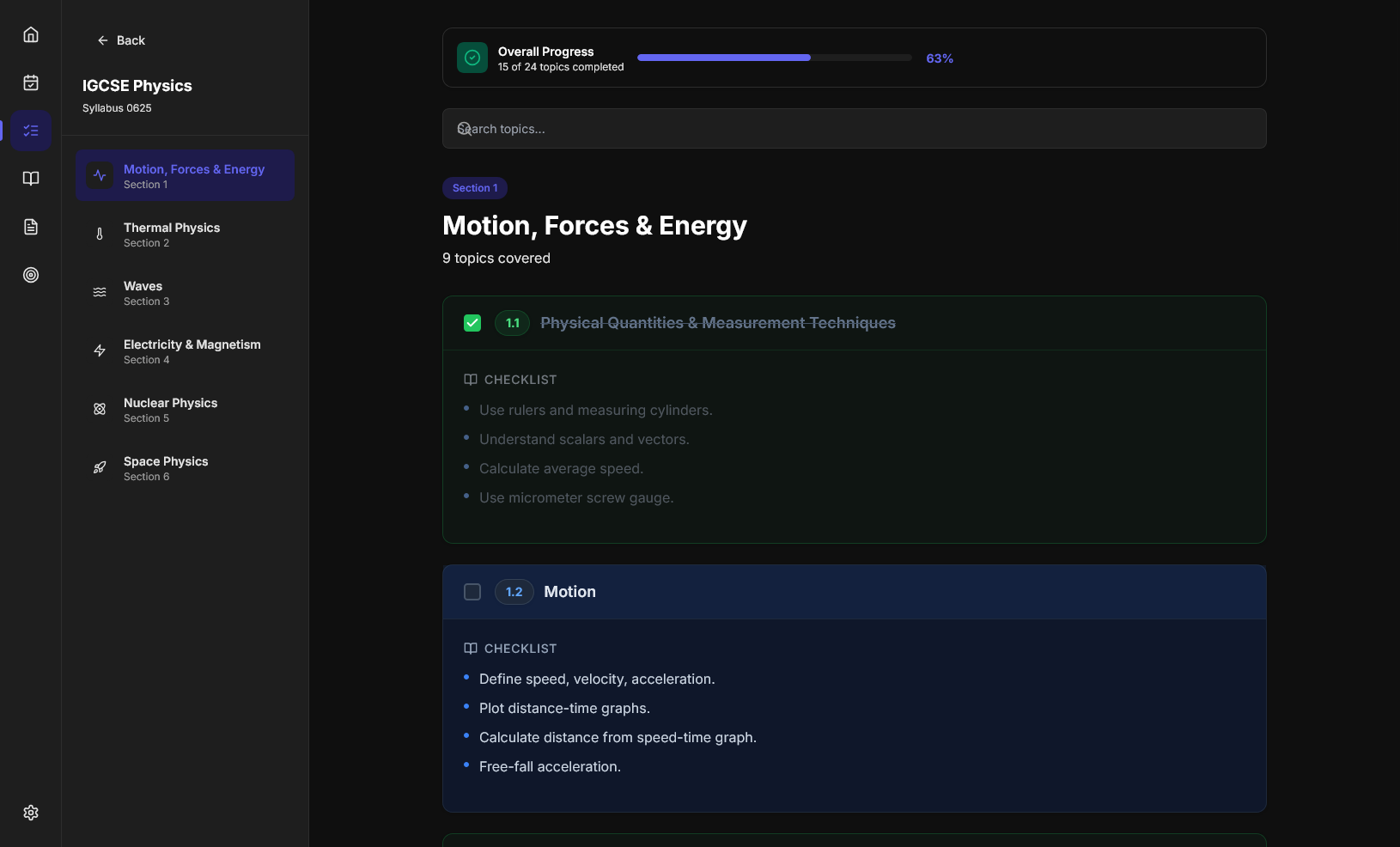 StudyAll syllabus checklist showing Physics topics with progress tracking