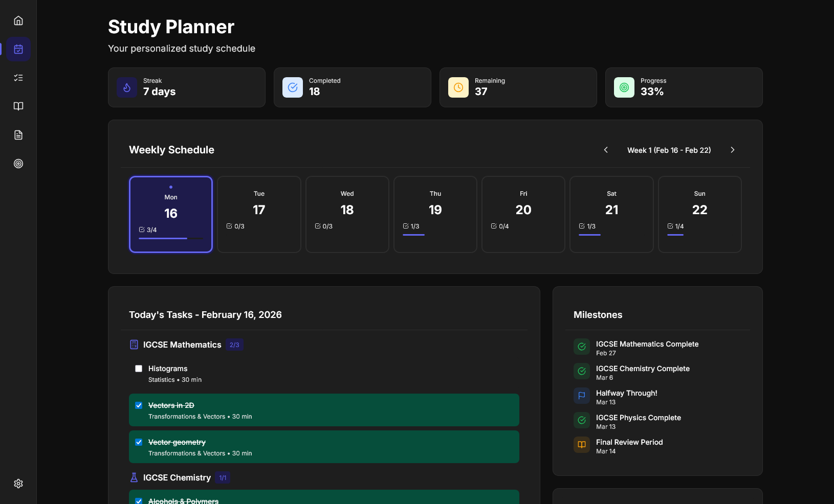 StudyAll study planner with weekly schedule and milestones